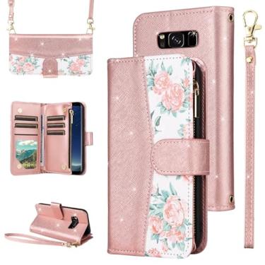 Imagem de Furiet Capa carteira floral para Samsung Galaxy S8 Plus com fecho de correr e alça de ombro, suporte de cartão de luxo com glitter para S8plus S 8 8plus 8S Edge S8+ SM-G955U ouro rosa
