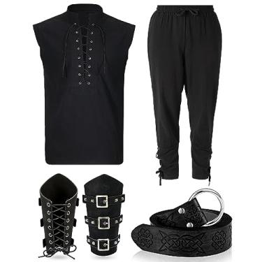 Imagem de Vabean Conjunto de 4 peças de fantasia renascentista masculina medieval sem mangas pirata Halloween Viking calça de tornozelo cinto protetor de braço, Preto, G