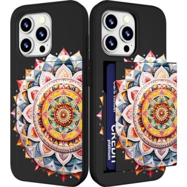 Imagem de IWONE Capa compatível com iPhone 15 Promax fofa com porta-cartões à prova de choque Slim Slot Phone 15 Pro Max Capa carteira para mulheres/mandala amarela ornamento étnico floral tribal