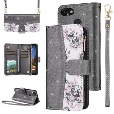 Imagem de Furiet Capa carteira floral para Google Pixel 3a com fecho de correr e alça de ombro luxuosa com glitter couro PU porta-cartões acessórios capa de telefone para Pixel3a Pixle a3 mulher preta
