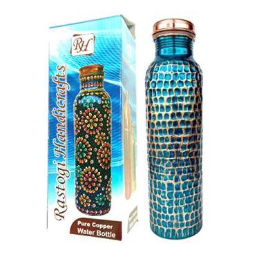 Imagem de Garrafa de água Rastogi Handicrafts New Creation Copper para copo martelado à mão Ayurveda Heath Benefit, Azul, 1