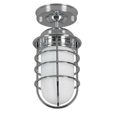 Imagem de Design House 588954-PC Luz regulável industrial clássica Seaton com gaiola de arame de metal removível e vidro fosco opala branco, cromo polido, teto