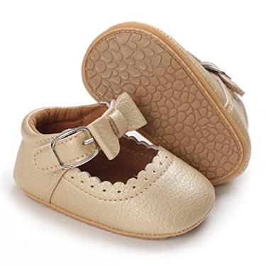 Imagem de LAFEGEN Sapatos para bebês meninas antiderrapante sola macia couro PU infantil Mary Jane Flats First Walker berço sapato Oxford 3-18 meses, Ouro 19, 6-12 Months Infant
