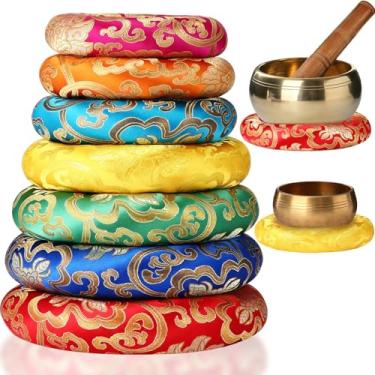 Imagem de Barydat 7 peças de almofada de brocado de seda feita à mão almofada redonda bordada tigela de canto almofada de pano O anel para tigelas tibetanas de canto tibetano de 15 a 30 cm, tigelas de cristal,