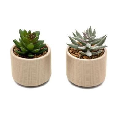 Imagem de Kit 2 Arranjos Artificial Planta Suculenta Verde Vasos Vasinhos Cerâmi