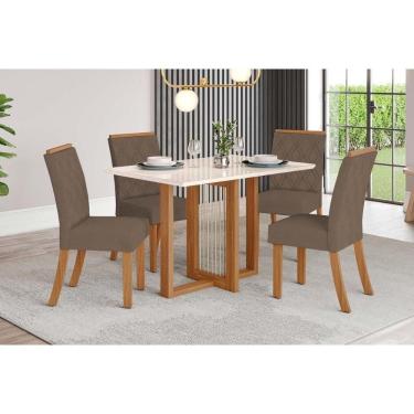 Imagem de Conjunto: Mesa de Cozinha Natalí c/ Tampo Madeirado c/ Vidro Reto 120x80cm e 4 Cadeiras Vita Nature/Suede Light Bege - Henn