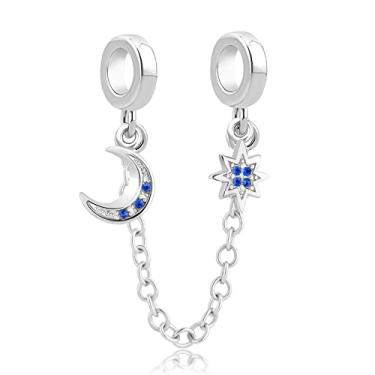 Imagem de MiiFort Pingente de corrente de segurança e estrela da lua celestial compatível com pulseiras Pandora Charms Moments Zircônia cúbica azul, One Size, Cobre, Sem Pedra Preciosa