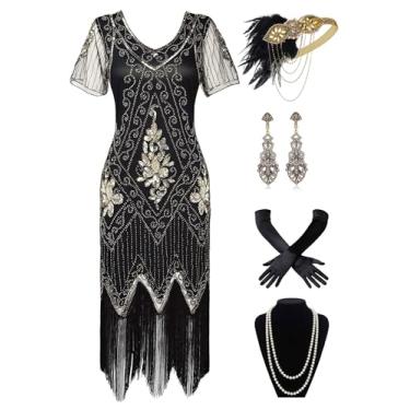 Imagem de BABEYOND Vestido estilo melindrosa anos 20 Art Deco com franjas e lantejoulas rugindo anos 20 vestido de fantasia Gatsby, Conjunto com 2 - ouro preto, G