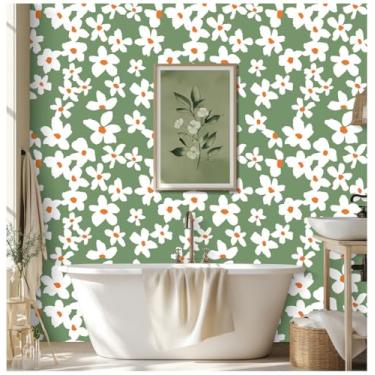 Imagem de HAOKHOME Papel de parede removível verde descascar e colar floral verde/branco/laranja para berçário, banheiro, papel de contato texturizado 44 cm x 3 m