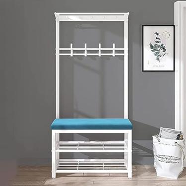 Imagem de Cabideiro, sapateira 4 em 1 para entrada, banco de entrada, móveis com almofada macia e haste de pendurar, árvore rústica moderna e industrial