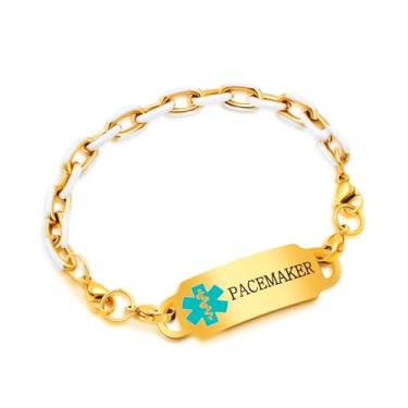 Imagem de Vivaday Pulseira de alerta médico personalizada de aço inoxidável banhado a ouro para homens e mulheres | Pulseiras de alerta de saúde brancas à prova d'água | Estilo Hip Hop Prevenção de Perda