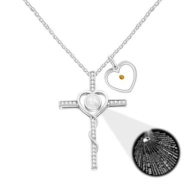 Imagem de Uloveido Colar de cruz de coração religioso para mulheres - Colar com pingente de cruz de zircônia cúbica I Love You em 100 idiomas com pingente de coração e semente de mostarda para presente
