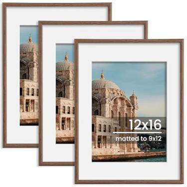 Imagem de FLYJOE Moldura para fotos de 30 x 40 cm, exiba imagens 22 x 30 cm com tapete ou 30 x 40 sem tapete, moldura para pendurar na parede, nogueira, pacote com 3