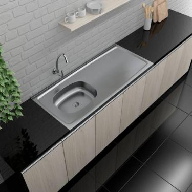 Imagem de Pia de Cozinha em Aço Inox de 120cmx53cm Deslocada para Esquerda Concretada lisa com vá...
