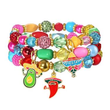 Imagem de NLCAC Pulseiras femininas de carnaval com glitter, coroa de flores de lis, pulseiras elásticas com contas douradas roxas e verdes douradas, acessório de carnaval, presentes de festa, one size