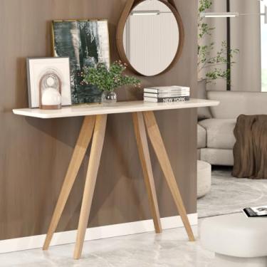 Imagem de Aparador Retrô com Tampo MDF Off White e Base em Madeira Natural, Mesa Decorativa para Sala e Hall de Entrada