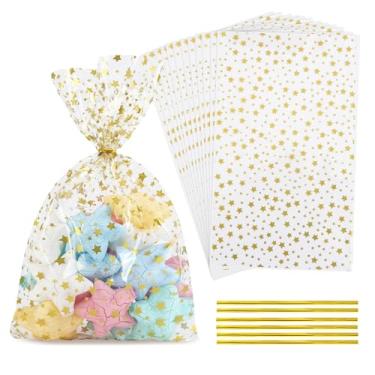 Imagem de LEOSINDA 100 peças impressas em estrelas, 18 x 30 cm, sacos de celofane, sacos de papel fresco, sacos de poliéster com fita torcida, 3 mm para festas, padarias, biscoitos, doces dourados