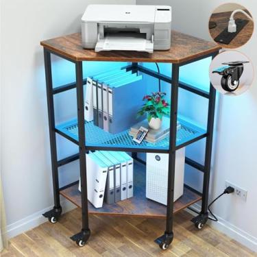 Imagem de HAIOOU Mesa de canto com luzes LED e estação de carregamento, mesa de suporte de impressora de canto pequeno de 3 camadas com roda, moldura de metal ajustável organizador de prateleira de