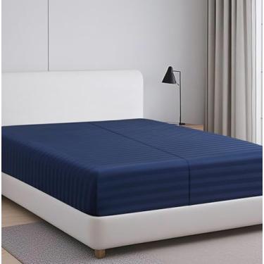 Imagem de Lençol com elástico dividido, 100% algodão egípcio, 600 fios, lençol com elástico único, lençol com bolso profundo de 20,3 a 40,6 cm, lençol de baixo de cetim macio e elástico (azul marinho, king