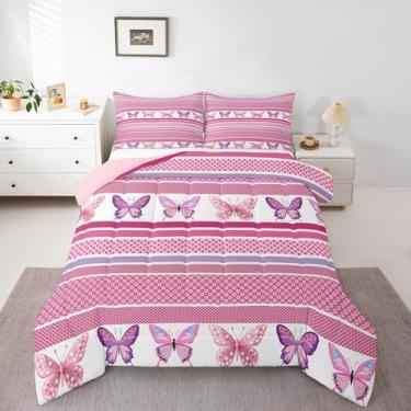 Imagem de jejeloiu Jogo de cama casal com borboleta, para crianças, meninos, meninas, bolinhas, edredom listrado fofo, decoração de quarto, microfibra leve e macia, 3 peças
