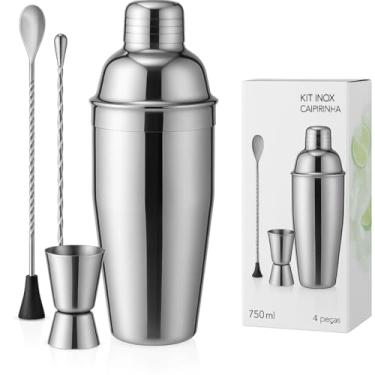 Imagem de Kit Caipirinha Profissional, Coqueteleira modelo Cobbler, Aço Inox, 750m, 4 peças | Drinks, Cocktails, Batidas (INOX)