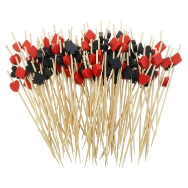 Imagem de ZZHXSM 100 peças de palitos de bambu preto e vermelho em forma de pôquer palitos de coquetel de frutas hambúrguer decorações de cupcake sanduíche aperitivo espetos de bebida enfeite de cassino