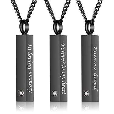 Imagem de Pacote com 3 joias de cremação preta de cristal para cinzas, urna de prata para cinzas, urna de nascimento em cubo, memorial, cinzas, colar de pingente, medalhão de barra de joia com zircônia cúbica, Aço inoxidável,