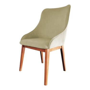 Imagem de Cadeira De Jantar Luxo Estofada Elisa Anatômica Veludo Bege Base Madeira Maciça 