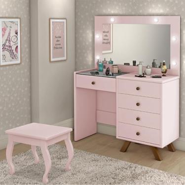 Imagem de Penteadeira Condessa com Espelho Camarim + Banqueta sem Almofada Rosê - Bela Móveis