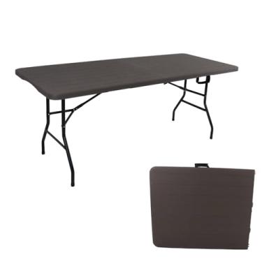 Imagem de Mesa Dobrável Portátil Que Vira Maleta para Camping Praia Churrasco Com Alça de Transporte Plástico Desenho Madeira 180 X 74 Cm Marrom