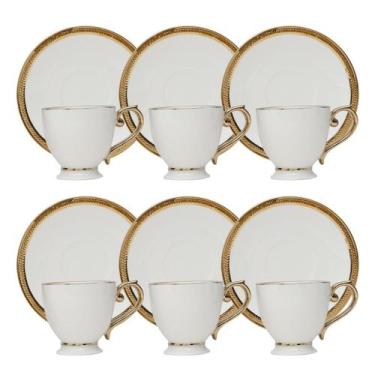 Imagem de Conjunto 6 Xícaras de Chá 200ml Paddy Com Pires Borda Dourada Porcelan