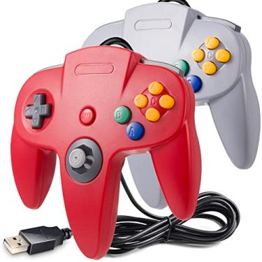 Imagem de Pacote com 2 controles clássicos N64, suily N64 com fio USB PC Game pad Joystick, N64 Bit USB Wired Game Stick Joy pad Controlador para Windows PC MAC Linux Raspberry Pi 3 Sega Genesis (cinza/vermelho)