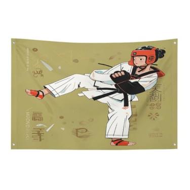 Imagem de Bandeira com quatro furos para todos os climas design de Taekwondo bandeira decorativa impressa bandeiras de poliéster adequadas para uso interno e externo 89 x 159 centímetros