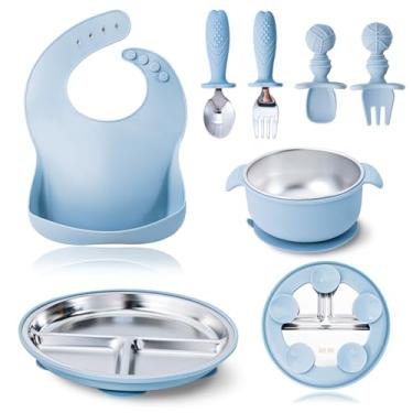Imagem de Conjunto de alimentação para bebês e crianças pequenas de aço inoxidável 304 - pratos divididos por sucção, tigelas, garfo de colher de silicone e inoxidável, babador de bolso inquebrável, lavável na