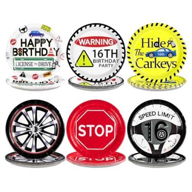 Imagem de Grencian 60 peças para carteira de motorista, pratos de papel de aniversário de 16 anos, 23 cm, grandes, com tema de carro resistente, pratos de estrada, cores, novo motorista, pratos de sobremesa