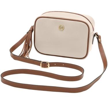 Imagem de Bolsa Transversal Feminina de Couro Bovino Legítimo c/Alça Ajustável Mariart Titânio (Off White/Camel)