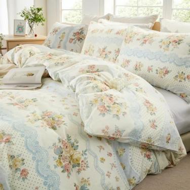 Imagem de Cozaline Conjunto de capa de edredom 100% algodão Queen – Roupa de cama floral botânica reversível, algodão natural ultramacio respirável, 3 peças de capa de edredom estilo cottagecore francês com