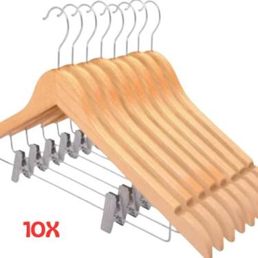Imagem de Kit 10 Cabides de Madeira com Presilhas Organização Guarda Roupa Vesti