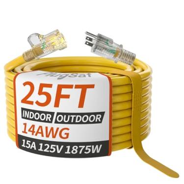 Imagem de PlugSaf Cabo de extensão amarelo calibre 14/3 para uso externo, 7,6 m, à prova d'água com indicador iluminado, à prova de intempéries a frio -40°C, cabo de extensão flexível de 3 pinos externo, 15A