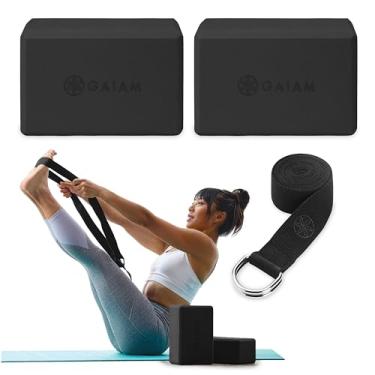 Imagem de Gaiam Yoga Block 2 unidades e conjunto de alças de ioga - Blocos de ioga com alça, pilates e adereços de ioga para ajudar a estender e aprofundar os alongamentos, kit de ioga para estabilidade