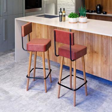 Imagem de Banqueta Alta Cozinha 70cm Encosto Pé Madeira Kit 2 Barcelona PU Verme