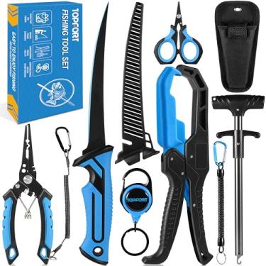 Imagem de TOPFORT Kit de ferramentas de pesca - Conjunto de acessórios de alicate de pesca de água salgada de 7 peças - Equipamento de pesca com faca de peixe, tesouras, ferramentas de remoção de gancho
