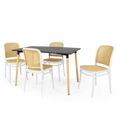 Imagem de Conjunto Mesa De Jantar Retangular Eiffel Preta 120x80cm Com 4 Cadeiras Roma - Branco