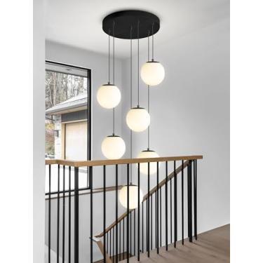 Imagem de H 221 cm Globo de luz pendente 6 luzes moderno lustre pendurado para ilha de cozinha lustre globo preto leite branco vidro pendente iluminação para sala de estar quarto entrada