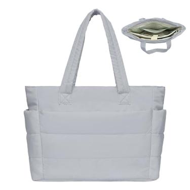 Imagem de Bolsa feminina acolchoada grande para laptop com zíper para viagens, academia, uso diário, Cinza, One Size
