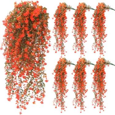 Imagem de FineCheer 6 peças de flores artificiais para pendurar no outono plantas de seda para mães decoração de outono violeta sintética com eucalipto realista resistente a UV trepadeira de ação de graças (cor