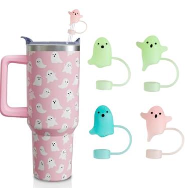 Imagem de Capa Stanley Fantasma de Halloween para Stanley Cup 40 e 850.5 g, silicone reutilizável rosa verde azul topo de canudo 10 mm/0,4 pol engraçado luminoso fantasmas chapéu de palha bonito acessórios de