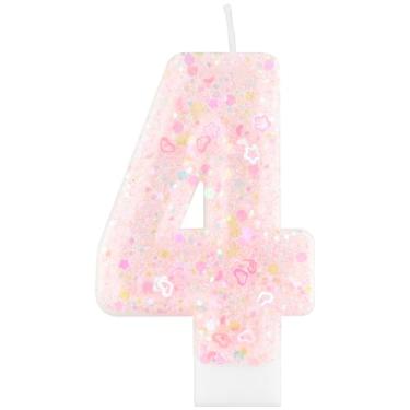 Imagem de iNINGER Velas com número de aniversário, número 4 com glitter rosa, topo de bolo com velas de aniversário para meninas e mulheres, lembrancinhas de aniversário