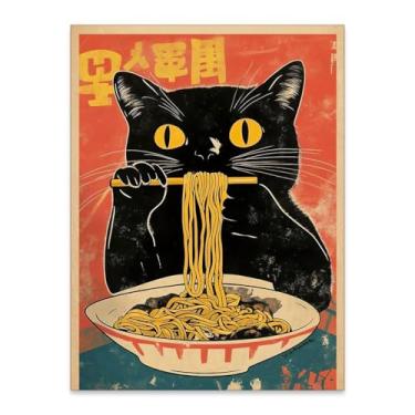 Imagem de Pôster vintage de gato preto engraçado gato comendo ramen arte de parede exclusiva decoração de cozinha 20 x 25 cm impressões japonesas sem moldura para sala de jantar, quarto ou sala de estar