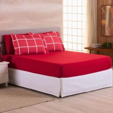 Imagem de Kit Jogo Lençol Roupa Cama Casal Queen 5 Peças Elastico Fronha Basico Toque Suave 200 Fios Simples Vermelho